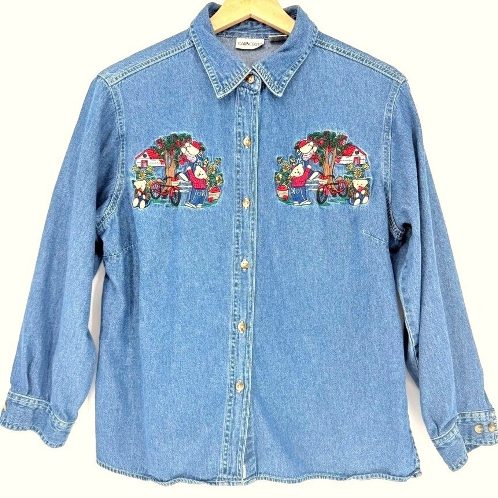 Cabin Creek Womens PL Denim Embroidered Teddy Bear Shirt Vintage Cottage Teacher